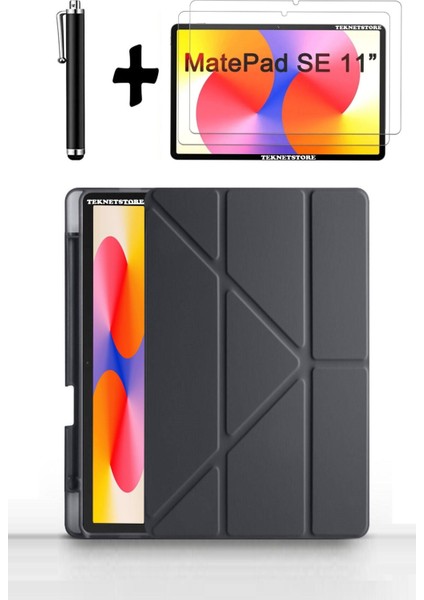 Huawei Matepad Se 11'' Inç 2024 Uyumlu Kalem Bölmeli Standlı Kılıf + Ekran Koruyucu + Kalem 3'lü Set
