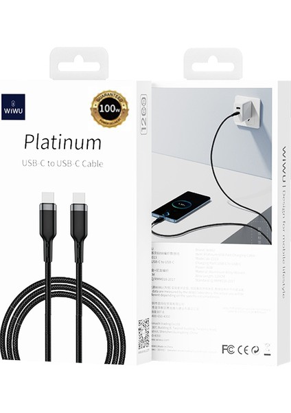 Type-C To Type-C Hızlı Şarj Özellikli Data ve Şarj Kablosu Wiwu WI-C013 Platinum Seri 100W 2m Siyah