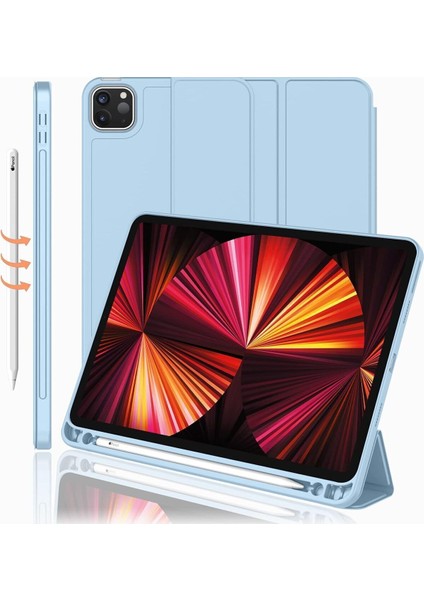 Ipad Pro 12.9 Inç 5. ve 6. Nesil 2021 / 2022 Uyumlu Kalem Bölmeli Uyku Modlu Standlı Silikon Kılıf