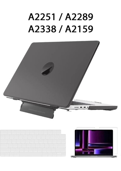 Macbook Pro 13 M1-M2 Çip A2251-A2289-A2338-A2159 Uyumlu Standlı Kılıf + Klavye Kılıfı Ekran Koruyucu