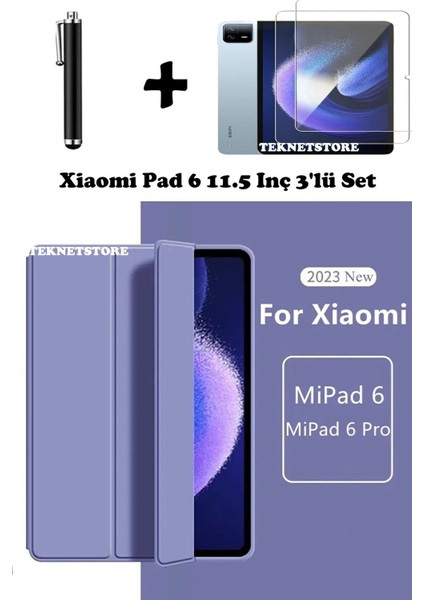 Xiaomi Pad 6 11 Inç 2023 Uyumlu Flip Smart Standlı Uyku Modlu Tablet Kılıfı + Ekran Koruyucu + Kalem