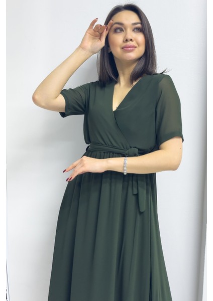 Haki Kısa Kol Kruvaze Yaka Şifon Büyük Beden Elbise fiyatları
