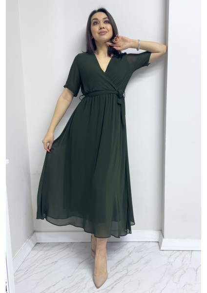 Haki Kısa Kol Kruvaze Yaka Şifon Büyük Beden Elbise modelleri