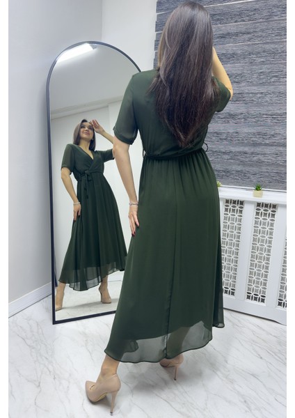 Haki Kısa Kol Kruvaze Yaka Şifon Büyük Beden Elbise fırsatları