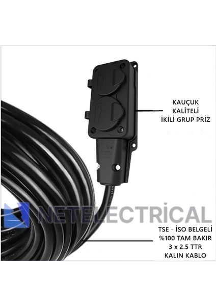 Kauçuk 2'li 5 Metre Topraklı Grup Priz - 3x2.5 Ttr Tam Bakır Kalın Siyah Kablo