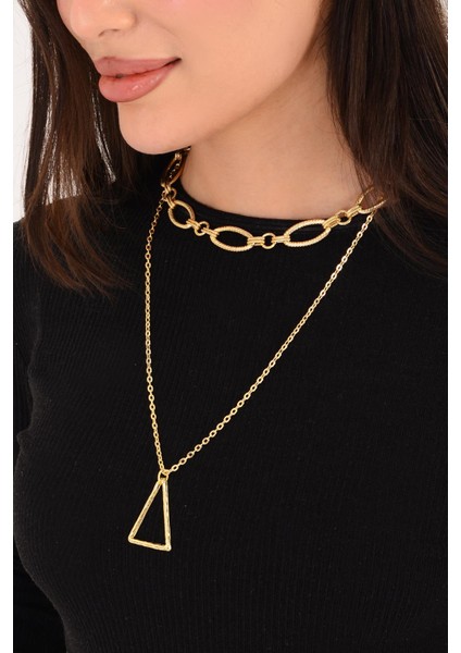 Pınkmark Kadın Gold Ikili Üçgen Charm Kısa Chokker Kolye Seti PMKL25604