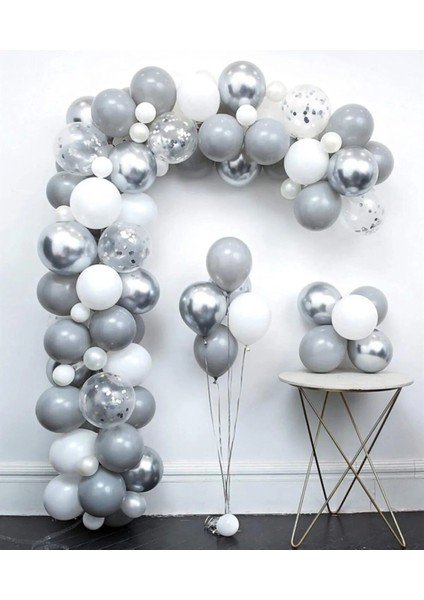 60 Adet Balon Zincir Seti (Gri, Krom Gümüş, Metalik Beyaz, Şeffaf Balon ve 1 Pk Gümüş Balon Pulu)