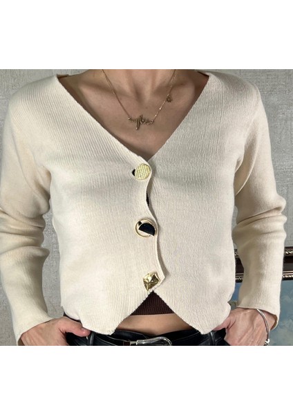 ! V Yaka 3 Düğmeli Siyah ve Krem Triko Hırka - %65 Cotton, Şık ve Zarif Tasarım