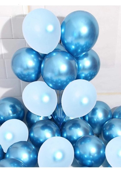 Krom Mavi ve Makaron (Pastel Mat) Mavi Renk 15 Li Balon