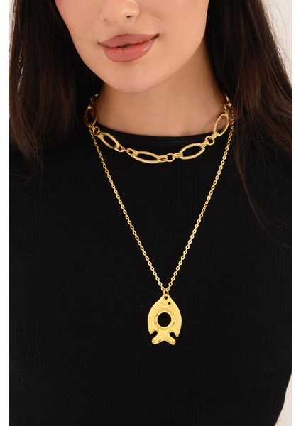 Pınkmark Kadın Gold Ikili Balık Charm Kısa Chokker Kolye Seti PMKL25605