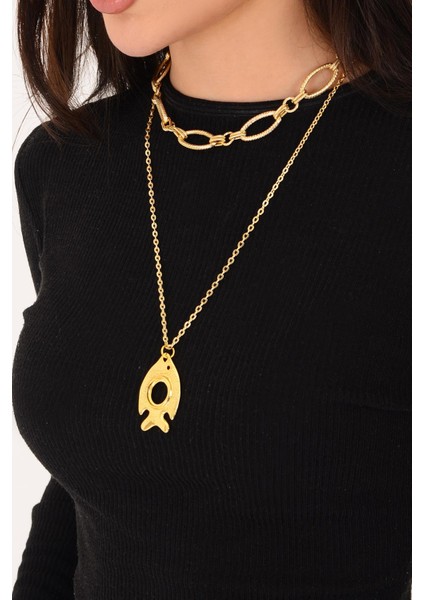 Pınkmark Kadın Gold Ikili Balık Charm Kısa Chokker Kolye Seti PMKL25605 fiyatları