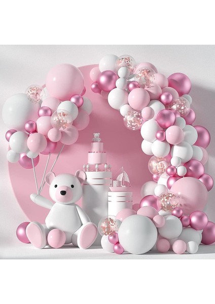 65 Adet Lüks Makaron Pembe , Krom Pembe ,beyaz Balon Zinciri Doğum Günü Balon Seti
