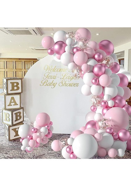 65 Adet Lüks Makaron Pembe , Krom Pembe ,beyaz Balon Zinciri Doğum Günü Balon Seti