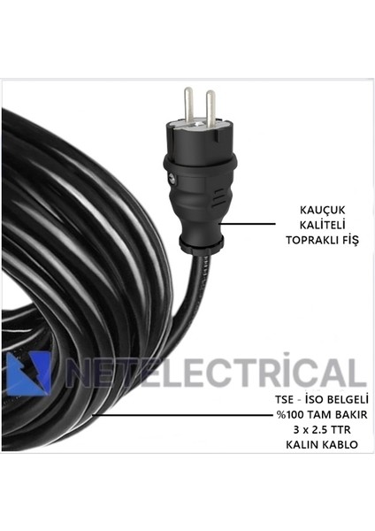 Kauçuk 3'lü 1 Metre Topraklı Grup Priz - 3x2.5 Ttr Tam Bakır Kalın Siyah Kablo