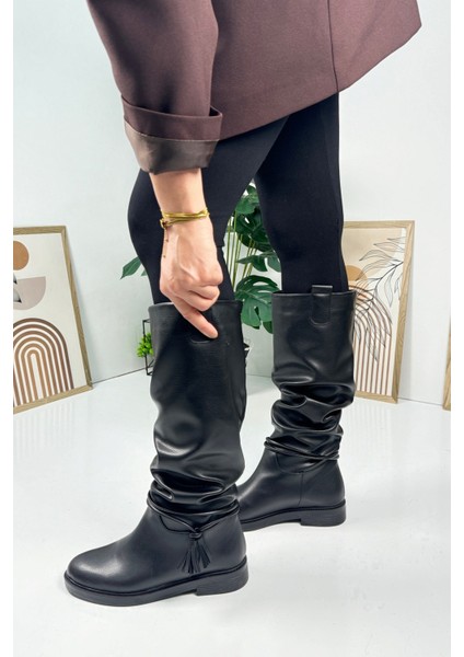 Günlük Kadın Diz Altı Çizme Körüklü Alçak Topuklu Tırtıklı Tabanlı Kürklü Astarlı Püskül Detay 1045 fırsatları