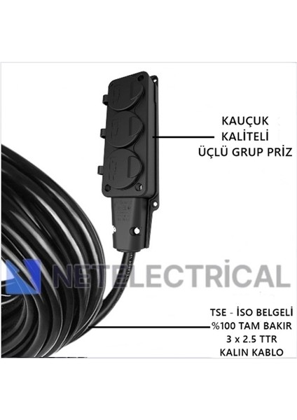 Kauçuk 3'lü 55 Metre Topraklı Grup Priz - 3x2.5 Ttr Tam Bakır Kalın Siyah Kablo