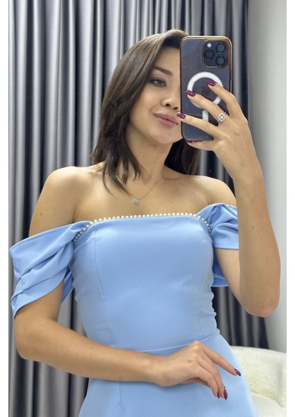 Kadın Bebe Mavisi Kloş Inci Detay Elbise modelleri