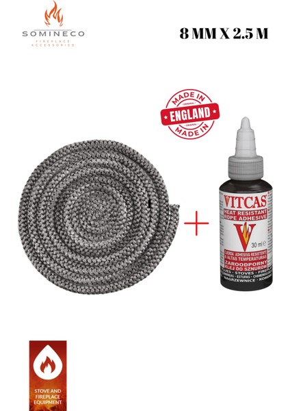 İthal Yanmaz Soba Şömine Fitili 8 mm x 2.5 m +VITCAS Yapıştırıcı 30 ML
