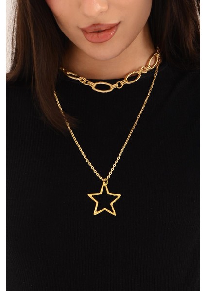 Pınkmark Kadın Gold Ikili Yıldız Charm Kısa Chokker Kolye Seti PMKL25606