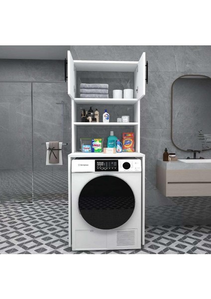 Home Enda Çamaşır Makinesi Dolabı 3 Raflı Kapaklı Banyo Dolabı Mat Beyaz