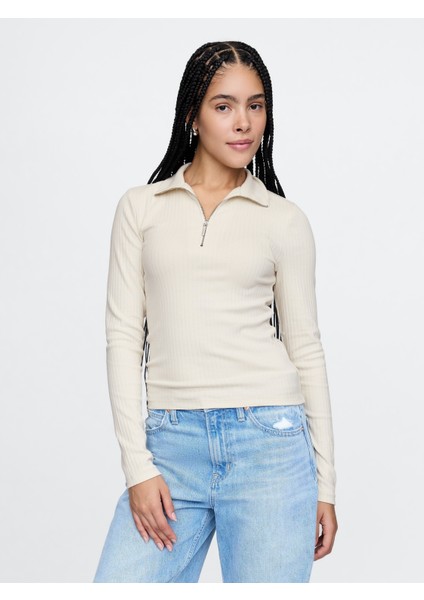 Kadın Kırık Beyaz Modern Fitilli Yarım Fermuarlı T-Shirt