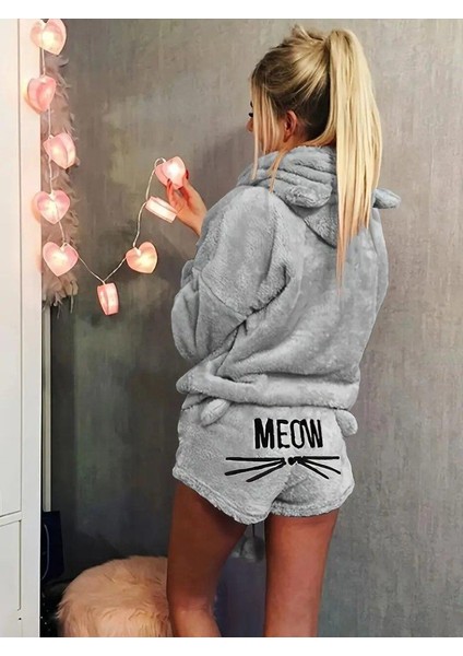 Kadın Uzun Kollu Meow Kedi Nakışlı Kapşonlu Peluş Sweat ve Short Ikili Takım
