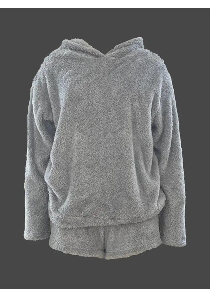 Kadın Uzun Kollu Meow Kedi Nakışlı Kapşonlu Peluş Sweat ve Short Ikili Takım