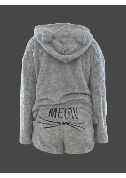 Kadın Uzun Kollu Meow Kedi Nakışlı Kapşonlu Peluş Sweat ve Short Ikili Takım