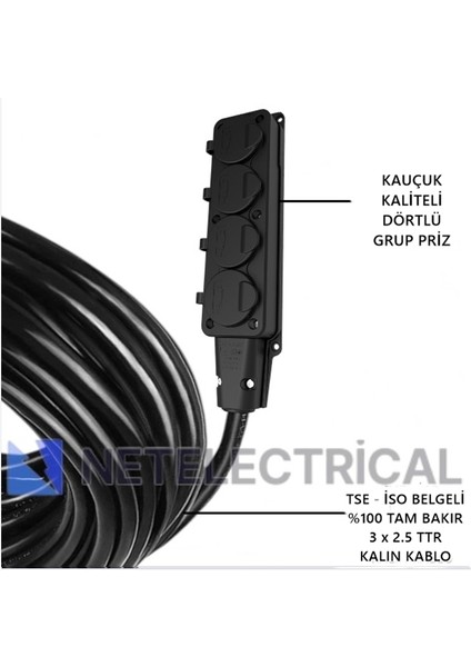 Kauçuk 4'lü 13 Metre Topraklı Grup Priz - 3x2.5 Ttr Tam Bakır Kalın Siyah Kablo