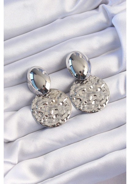 Pirinç Gümüş Renk Oval Ezme Plaka Küpe