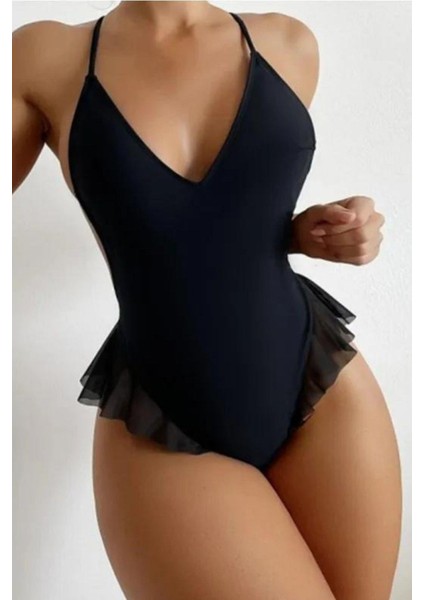 Siyah Fırfırlı Bodysuit