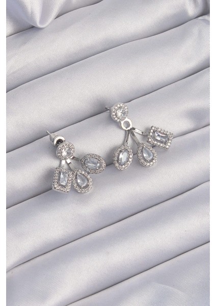 Pirinç Gümüş Renk Zirkon Taşlı Geometrik Model Küpe