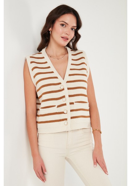Çizgili Oversize Fit V Yaka Düğmeli Yelek Bayan Yelek 4616175