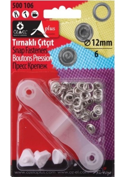 Tırnaklı Çıtçıt Seti Yapım Aparatı, 12 mm 6 Adet Sedef Kapak Tırnaklı Klikıt Çıtçıt 500 106