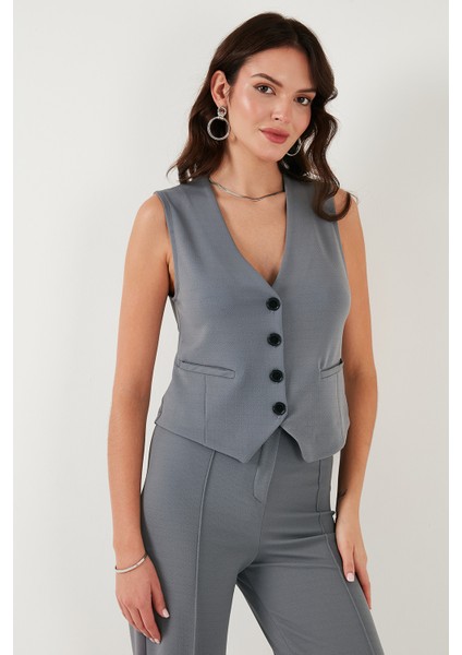 Streç Fitted Fit V Yaka Düğmeli Yelek Bayan Yelek 5865971 modelleri