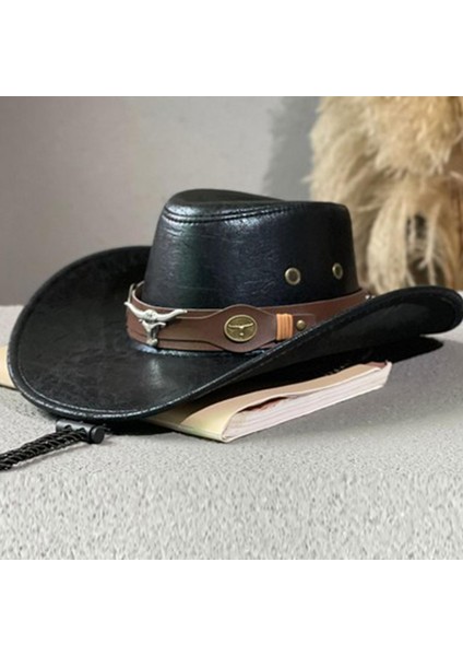Kovboy Şapkası Hafif Moda Güneş Şapkası Yürüyüş Kamp Balıkçılık Sokak Cosplay Boğa Başı Siyah (Yurt Dışından)