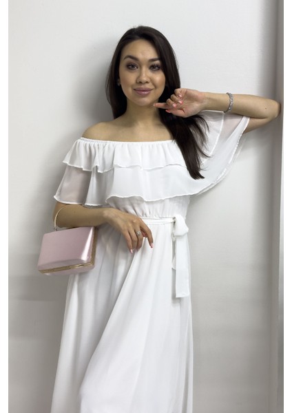 Beyaz Madonna Carmen Fırfır Yaka Büyük Beden Şifon Elbise fiyatları