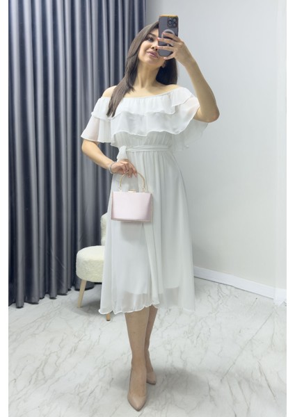 Beyaz Madonna Carmen Fırfır Yaka Büyük Beden Şifon Elbise modelleri