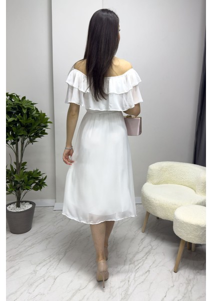 Beyaz Madonna Carmen Fırfır Yaka Büyük Beden Şifon Elbise fırsatları