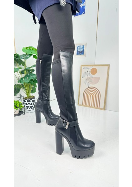 Günlük Kadın Çizme Kalın Yüksek Platform Topuklu Dalgıç Kumaş Ayarlanabilir Tokalı Oval Burunlu 363