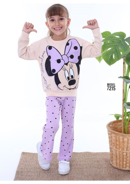 Pjk2i Minnie Mouse Desenli Lila Fitilli Taytlı 2 Ip %100 Pamuk Kız Çocuk Takımı 3-10 Yaş 7215-L