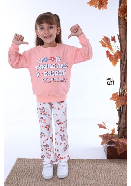 Pjk2i Çiçek Desenli Pudra Çiçekli Fitilli Taytlı 2 Ip %100 Pamuk Kız Çocuk Takımı 3-10 Yaş 7211-PU