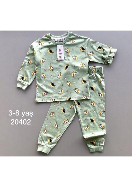 Isob Yeşil Ayda Uyuyan Ayıcık Desenli %100 Pamuk Çocuk Pijama Takımı 3-8 Yaş 20402-Y