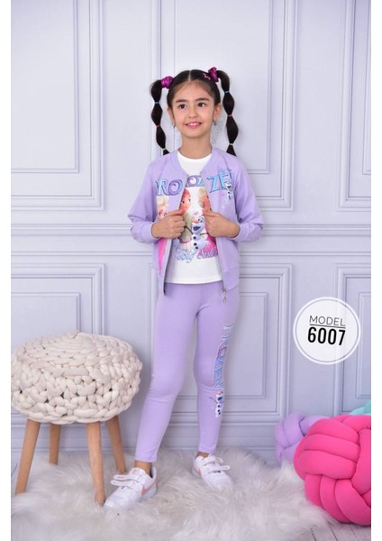 Frozen Taytlı Hırkalı 3lü Içi Kısa Kollu Kız Çocuk Takım Lila 6007