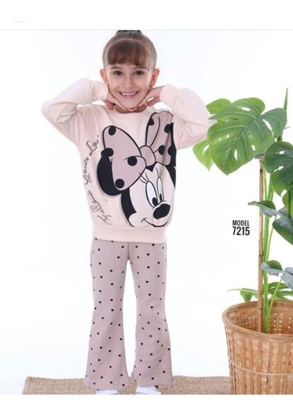 Pjk2i Minnie Mouse Desenli Bej Fitilli Taytlı 2 Ip %100 Pamuk Kız Çocuk Takımı 3-10 Yaş 7215-B