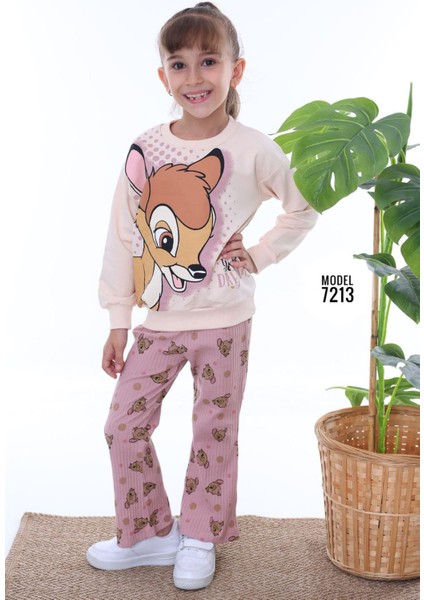 Pjk2i Bambi Desenli Gül Kurusu Fitilli Taytlı 2 Ip %100 Pamuk Kız Çocuk Takımı 3-10 Yaş 7213-GK