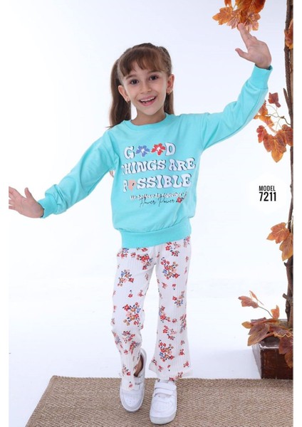 Pjk2i Çiçek Desenli Yeşil Çiçekli Fitilli Taytlı 2 Ip %100 Pamuk Kız Çocuk Takımı 3-10 Yaş 7211-Y