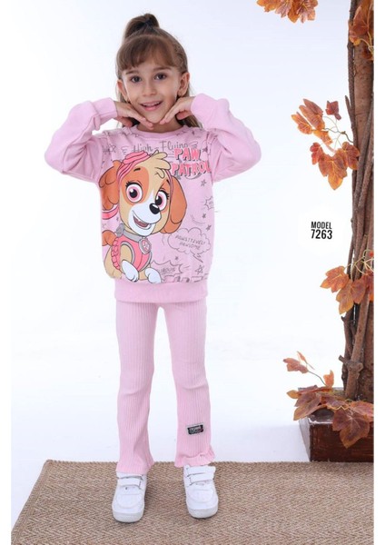 Pjk2i Paw Petrol Desenli Pembe Fitilli Taytlı 2 Ip %100 Pamuk Kız Çocuk Takımı 3-10 Yaş 7263-P