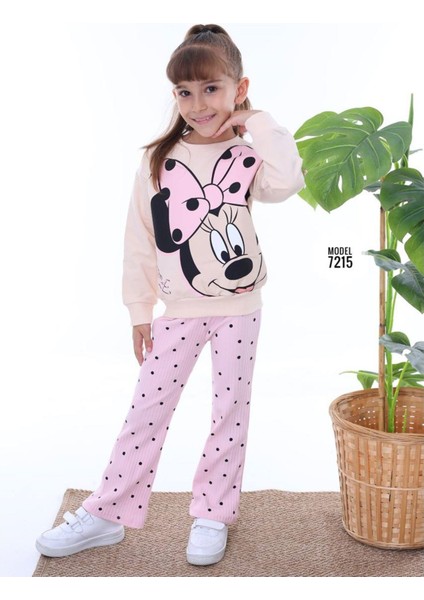 Pjk2i Minnie Mouse Desenli Ekru Fitilli Taytlı 2 Ip %100 Pamuk Kız Çocuk Takımı 3-10 Yaş 7215-E