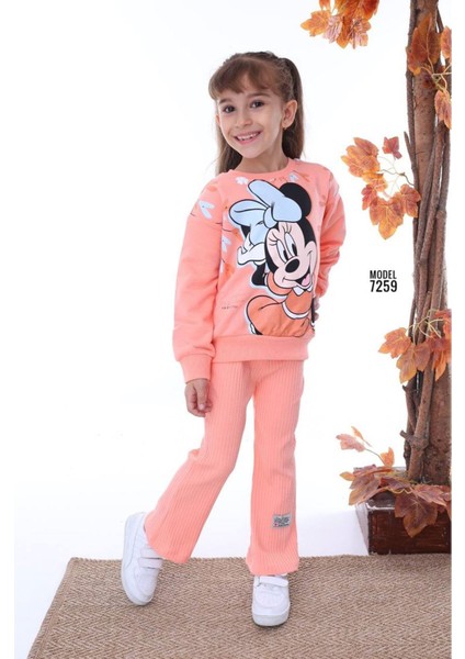 Pjk2i Minnie Desenli Somon Fitilli Taytlı 2 Ip %100 Pamuk Kız Çocuk Takımı 3-10 Yaş 7259-S
